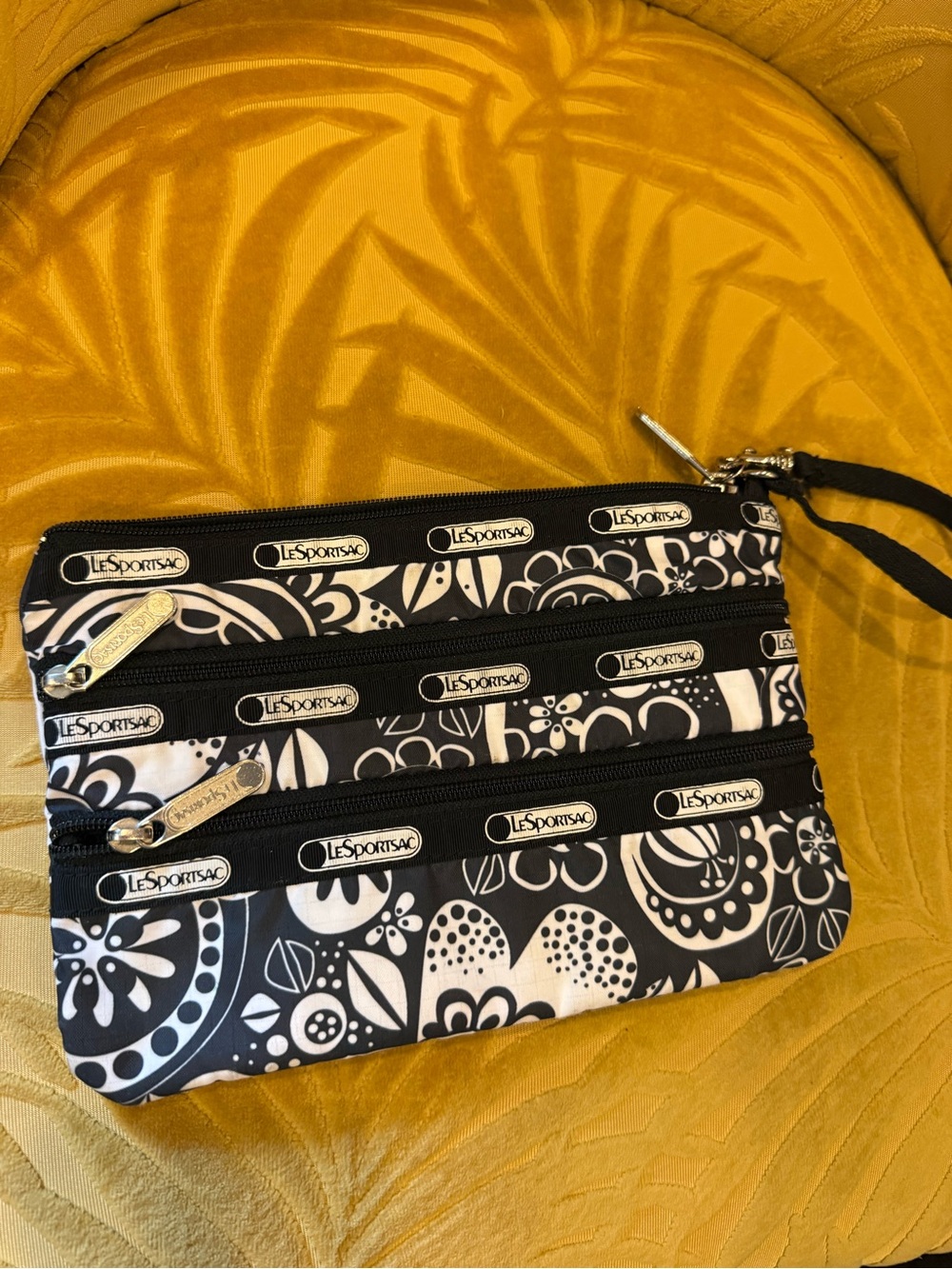 Lesportsac Black & White Floral Triple-Zip Wristlet